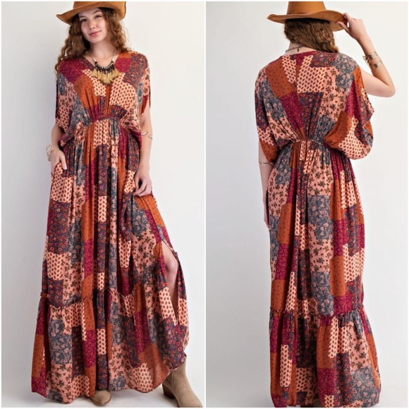 Easel Multicolor Floral Print Patchwork V neck Kimono Sleeve Maxi dress - Picture 2 of 2